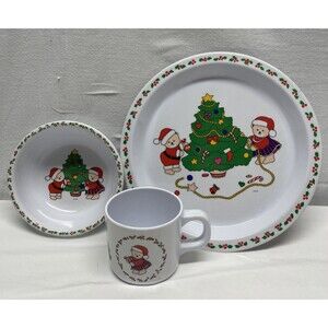 Vintage Peco Melamine Children's Set of 3 Santa Bear Christmas Plate Bowl Cup